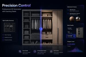 Precision control panel for AI 3D Agent showing mesh quality presets, PBR materials, and polygon count on a wardrobe 3D model