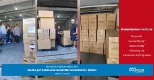 Volunteers receive Miami Barber Institute's humanitarian donation at the Unidos por Venezuela Humanitarian Collection Center in Miami, FL.