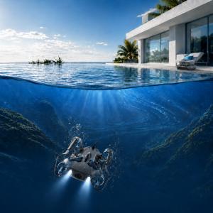 A modern residential pool scene featuring a CHASING robotic pool cleaner on the pool deck and an underwater robot operating beneath the water surface.