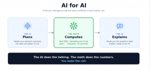Horizontal three-step diagram titled AI for AI: the AI plans, deterministic math engines compute the numbers, the AI explains — with the tagline