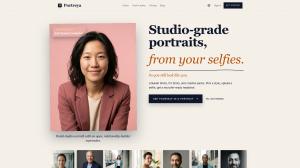 Portreya homepage showing AI-generated professional headshots created from selfies.