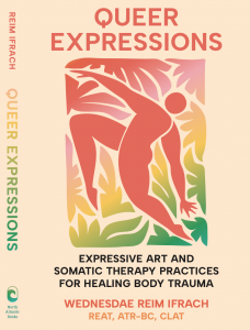 A warm, cream-colored book jacket featuring a central abstract silhouette of a human figure in dynamic, dancing motion, stylized in soft coral-pink tones and framed by graphical plant leaves shaded with a vibrant yellow, green, and red color gradient.