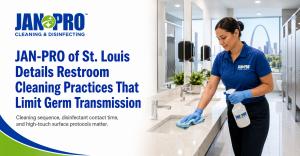 A cleaning professional disinfecting high-touch surfaces in a spotless commercial restroom for JAN-PRO of St. Louis.