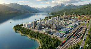 Chemical plant built on former pulp mill surrounded by forest, lake, and mountains