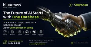 Promotional graphic announcing the strategic partnership between OriginChain and bluarrows. The image features a human hand shaking a robotic hand, symbolizing collaboration between people and artificial intelligence. The headline reads 