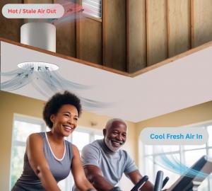 Illustration showing the Solatube® EPS FOCUS Whole House Fan System exhausting hot, stale air through the attic while drawing cool, fresh outdoor air into a home gym.