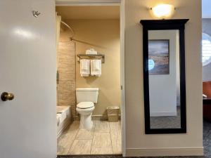 Renovated guest bathroom at the Best Western Escondido Hotel featuring updated finishes, a toilet, and a walk-in shower.