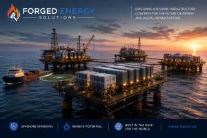 Concept rendering of existing offshore platforms retrofitted with modular digital infrastructure in the Gulf Coast.