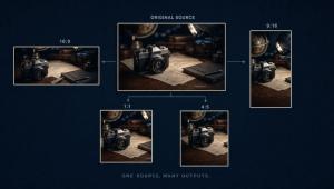 A digital production matrix showing a high-volume workflow where a single master video asset is simultaneously reframed and adapted into dozens of platform-specific aspect ratios, vertical crops, and durations.
