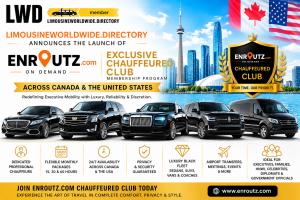Luxury Black Car Chauffeured Club Membership by Enroutz.com featuring executive Cadillac and luxury SUV chauffeur services across Canada and the United States.