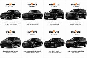 Luxury fleet including Cadillac Lyriq, Cadillac XTS, Chevrolet Suburban, GMC Yukon, Mercedes-Benz S-Class, Cadillac Escalade and Rolls-Royce vehicles available through Enroutz.com's Chauffeured Club Membership.
