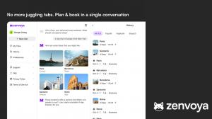 The US-based AI travel startup, Zenvoya, keeps travelers in one conversation from the first idea of planning a trip, booking it on their platform, and staying with them throughout the trip offering support Graphic showcasing Zenvoya's conversational AI travel platform interface with the text 'No more juggling tabs. Plan & book in a single conversation.'