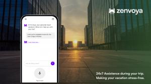 Graphic showcasing the Zenvoya AI travel platform interface with a user asking for assistance, accompanied by the text '24x7 Assistance during your trip. Making your vacation stress-free.'