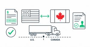 U.S. and Canadian flags connected by arrow with freight truck crossing border, CAD/USD invoice, and customs document representing ClearLane cross-border back-office operations