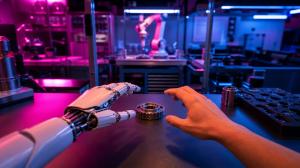 Flikforge, the Data Foundry for AI, today announced the Flikforge EmbodiedAI family, a two-tier curated training data family for physical AI, built to help frontier labs and robotics teams move beyond raw video volume toward rights-cleared, model-ready training signal Human and robotic hands reaching toward shared object in industrial environment, representing physical AI training data collection for robotics and world models.