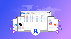 Multilogin dashboard and mobile devices running Facebook, TikTok, Instagram, and Reddit profiles across different countries, illustrating cloud phones for global social media management.