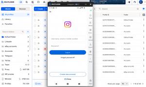 Multilogin cloud phone interface showing an Instagram login screen alongside a list of managed mobile profiles.