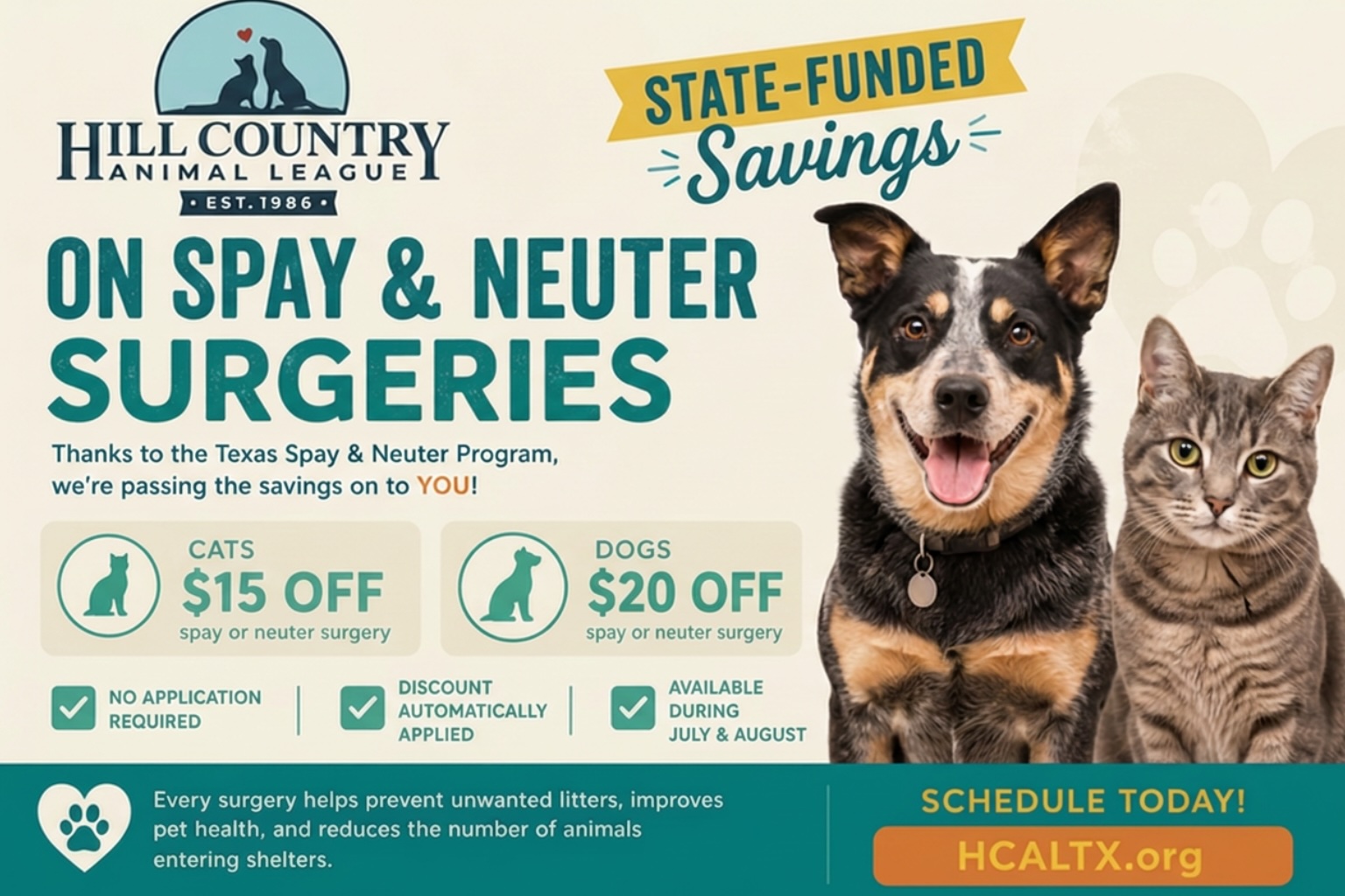 Hill Country Animal League Announces State-Funded Discounts on Spay and Neuter Surgeries for July and August