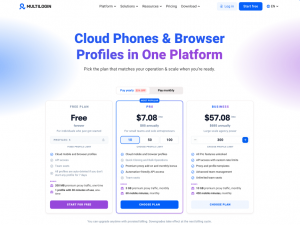 Multilogin pricing page showing Free, Pro, and Business plans with monthly costs and included features like cloud mobile profiles, browser profiles, and proxy traffic.