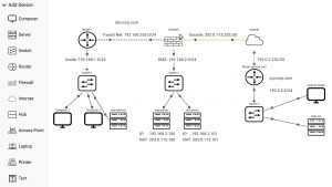 dti Publishing Corporation today announced NetEmulator® 3 Screenshot of a NetEmulator lab in black and white that includes 3 computers, 3 switches, 2 routers, 4 servers, 1 Internet cloud, and 1 firewall.