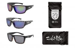 Three limited-edition SALT LIFE x FishAmerica Foundation polarized sunglasses with branded microfiber pouch