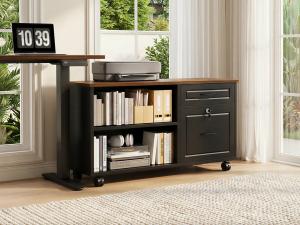 Black OffiGo mobile file cabinet with open bookshelves, lockable drawers, caster wheels, and a printer placed on the wood top.