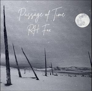 a grayscale photo of a beach under a full moon.