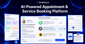 Timetics AI appointment scheduling with AI assistant chat, consultation booking, calendar, and Google Meet confirmation