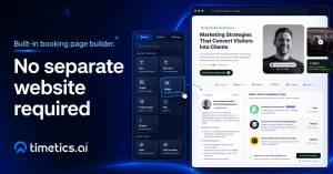 Timetics AI drag-and-drop booking page builder with content blocks and a live consultation booking page preview