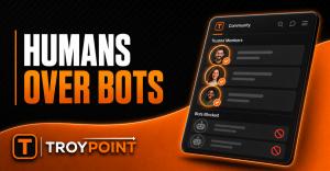 TROYPOINT graphic showing verified human community members chosen over blocked bot accounts.