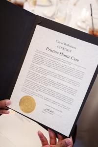 Pristine Home Care wins awards from Mayor of Bethlehem, J. William Reynolds, and PA governor, Josh Shapiro.