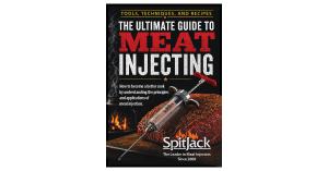 Cover of The Ultimate Guide to Meat Injecting by SpitJack, featuring a meat injector positioned over a cooked brisket.