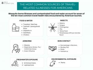 THE MOST COMMON SOURCES OF TRAVEL-RELATED ILLNESSES FOR AMERICANS Mosquito-borne illnesses and contaminated food and water account for seven of the ten most common travel health risks encountered by American tourists.
