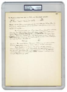 Albert Einstein 1-page manuscript handwritten in German in the 1940s regarding his formulation of the United Field Theory, one of seven Einstein lots in the auction with varied scientific content. Estimate: $18,000-$24,000