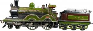 Circa-1906 Bing (German) gauge 4 (75mm) toy locomotive, a massive live-steam train, hand-painted in LSWR livery, one of the largest locomotives Bing made, 15 inches long. Sold for $78,000