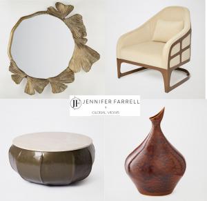 Jennifer Farrell's debut collection for Global Views makes its first comprehensive residential appearance throughout Interconnected Changeable Environments, showcasing dozens of original furnishings, lighting, mirrors, artwork, rugs, pillows, and accessories.