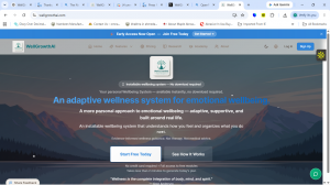 WellGrowthAI homepage displaying an AI-powered emotional wellness platform with Orja, personalized wellness guidance, mood tracking, journaling, mindfulness, and daily wellbeing tools.