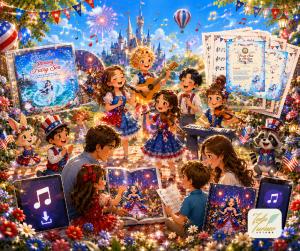 Families enjoying the Patriotic Patsy & Friends Interactive Book, Audiobook & Music Bundles with original Fairyland music, illustrated books, digital downloads, sheet music, and magical activities celebrating America's 250th Birthday.