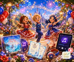 Children singing and celebrating in Fairyland with Patriotic Patsy & Friends, featuring original Fairyland music, audiobooks, lyric sheets, interactive digital content, and family experiences celebrating America's 250th Birthday.