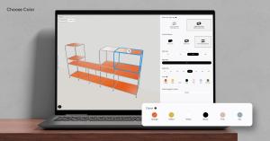 3D furniture configurator with color customization for a modular shelving system.