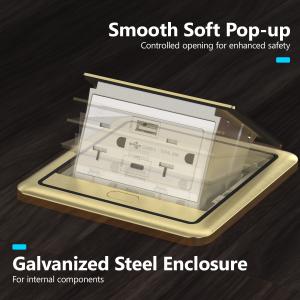 LIDER LSFB Series 20A Soft Pop-Up Floor Box demonstrating its controlled soft pop-up mechanism and corrosion-resistant galvanized steel enclosure. Designed for smooth operation, long-term durability, and modern residential and commercial interiors.