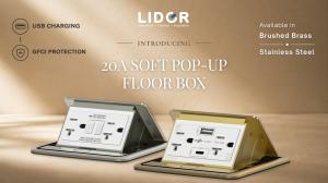 LIDER LSFB Series 20A Soft Pop-Up Floor Boxes featuring USB Charging and GFCI Protection in Brushed Brass and Stainless Steel finishes. Premium in-floor power solutions designed for modern residential and commercial interiors.