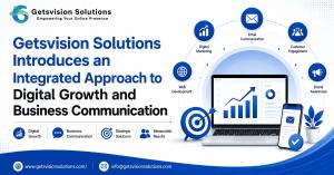 Promotional banner for Getsvision Solutions highlighting integrated digital marketing, email marketing, SMTP server solutions, website development, SEO, PPC, and business communication services.