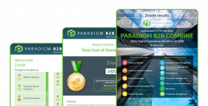 Three screens, one of the Paradigm B2B Combine 2026 Midmarket Edition cover, one of a interior page of the Znode report showcasing Znode's gold medal in the