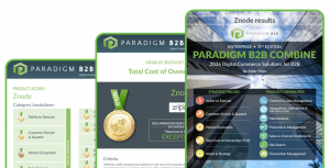 Three screens, one of the Paradigm B2B Combine 2026 Enterprise Edition cover, one of a interior page of the Znode report showcasing Znode's gold medal in the