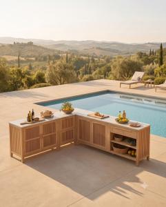 The Solara Collection includes fully ventilated cabinet bases, made from Solid Kiln dried Eucalyptus Wood in a Natural finish. Paired with a durable Superstone Top in Dune Beige.