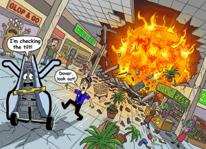 What happens to a TV pilot that never gets produced? For most writers, it gathers dust on a hard drive Cartoon illustration of a chaotic intergalactic shopping mall being breached by a burning sun, featuring a terrified sentient escalator holding a level tool and a frantic security guard.