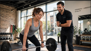Fit woman in her 40s doing a deadlift with personal trainer in a sunlit boutique Chicago gym focused on strength and longevity training