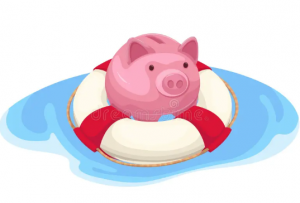 piggy bank in a life raft floating on water