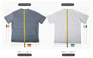 Comparison of shrinkage effects after washing two T-shirts. A ZeroShrink T-shirt measured flat along the length before and after a standard home wash. Both readings fall within PODpartner's ±1 inch production tolerance.